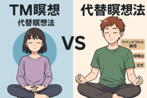 tm 瞑想 と代替瞑想法関連するオリジナル画像を作成して 縦よりも横を長い比率の画像サイズで出力してください 現実の人物アニメタッチで描いて